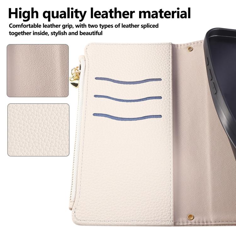 Funda de cuero tipo billetera con hebilla redonda y cremallera para Samsung Galaxy A42 5G, con correa cruzada (blanca)
