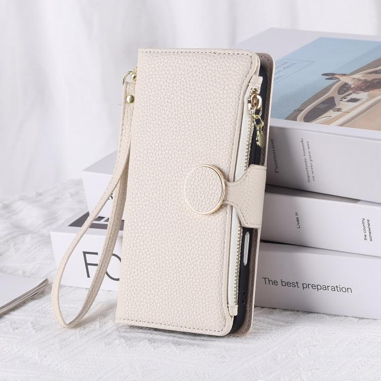 Funda de cuero tipo billetera con hebilla redonda y cremallera para Samsung Galaxy A42 5G, con correa cruzada (blanca)