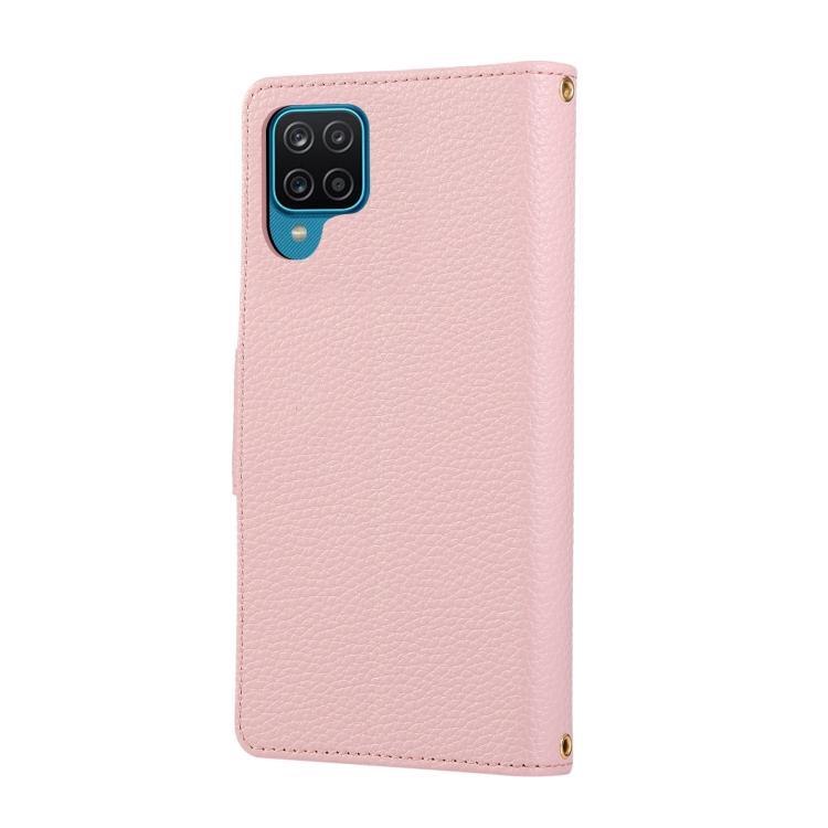 Funda de cuero tipo billetera con hebilla redonda y cremallera para Samsung Galaxy A12 5G con correa cruzada (rosa)