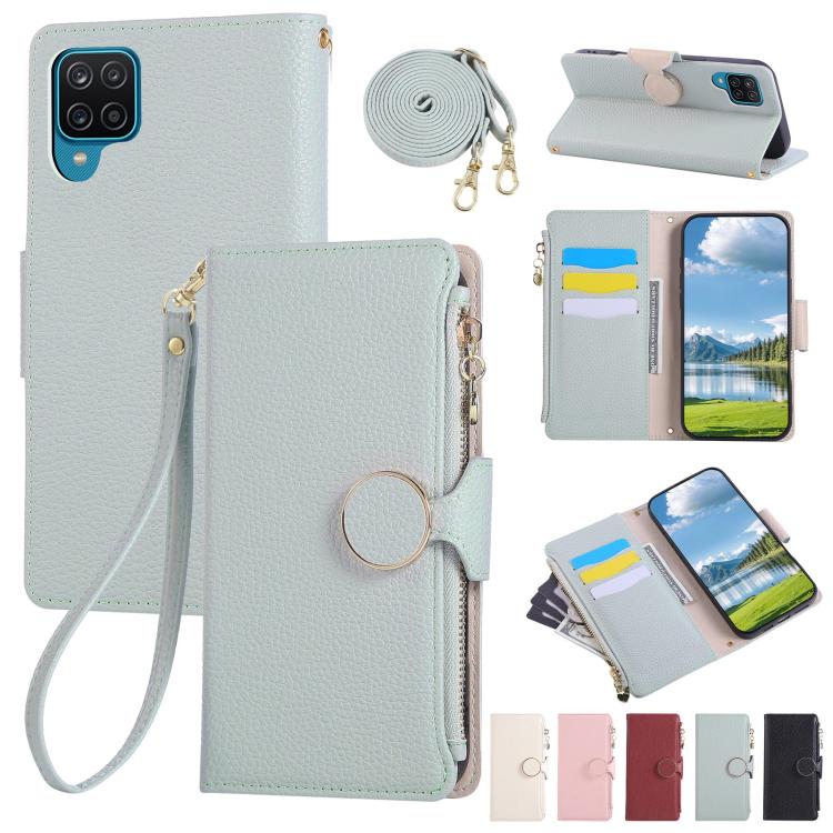 Funda de cuero con hebilla redonda y cremallera para Samsung Galaxy A12 5G, con correa cruzada (azul cielo)