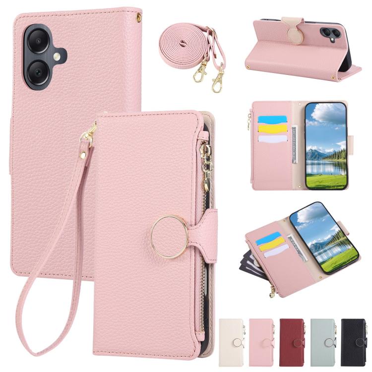 Funda de cuero tipo billetera con hebilla redonda y cremallera para Samsung Galaxy A05 con correa cruzada (rosa)