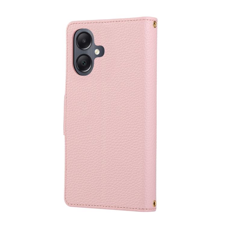Funda de cuero tipo billetera con hebilla redonda y cremallera para Samsung Galaxy A06 con correa cruzada (rosa)