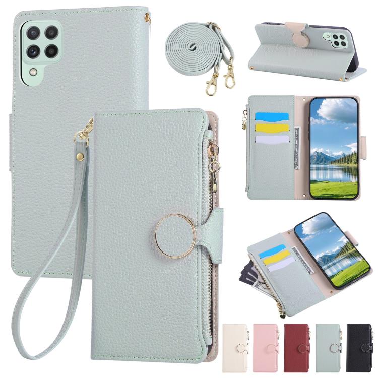 Funda de cuero tipo billetera con hebilla redonda y cremallera para Samsung Galaxy A22 4G con correa cruzada (azul cielo)