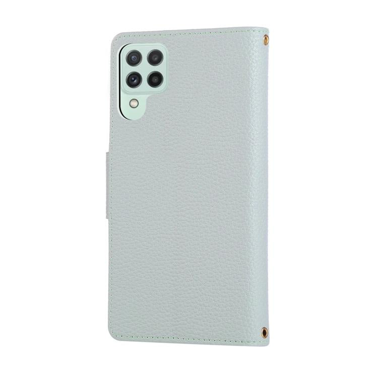 Funda de cuero tipo billetera con hebilla redonda y cremallera para Samsung Galaxy A22 4G con correa cruzada (azul cielo)