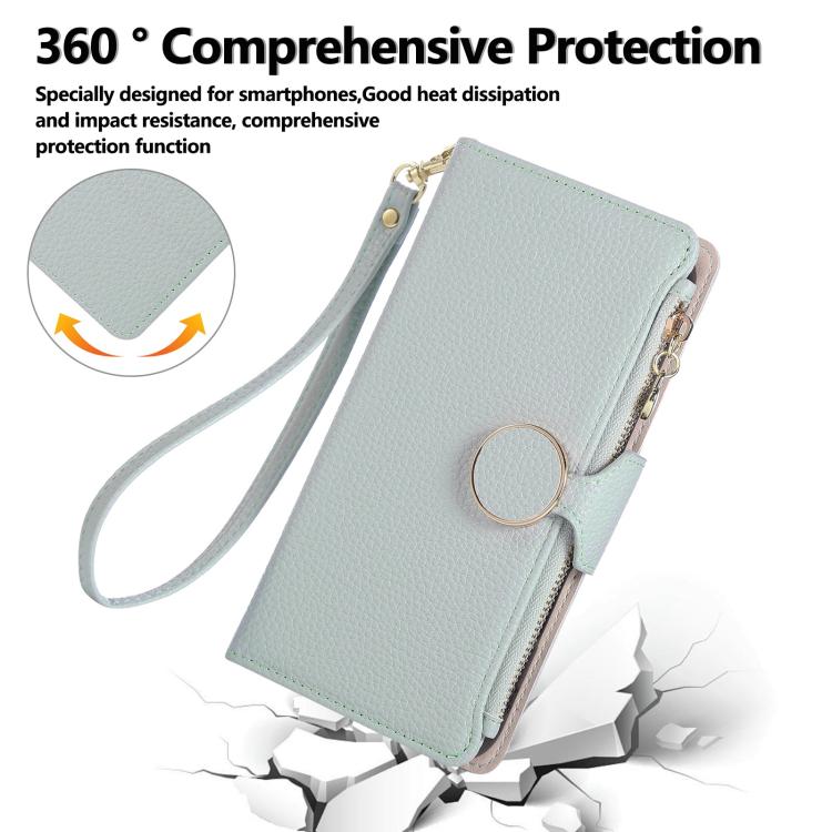 Funda de cuero tipo billetera con hebilla redonda y cremallera para Samsung Galaxy A22 4G con correa cruzada (azul cielo)