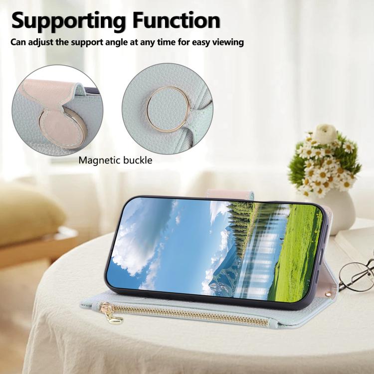 Funda de cuero tipo billetera con hebilla redonda y cremallera para Samsung Galaxy A22 4G con correa cruzada (azul cielo)