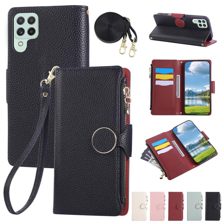 Funda de cuero tipo billetera con hebilla redonda y cremallera para Samsung Galaxy A22 4G con correa cruzada (negro)