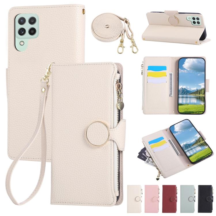 Funda de cuero tipo billetera con hebilla redonda y cremallera para Samsung Galaxy A22 4G con correa cruzada (blanca)