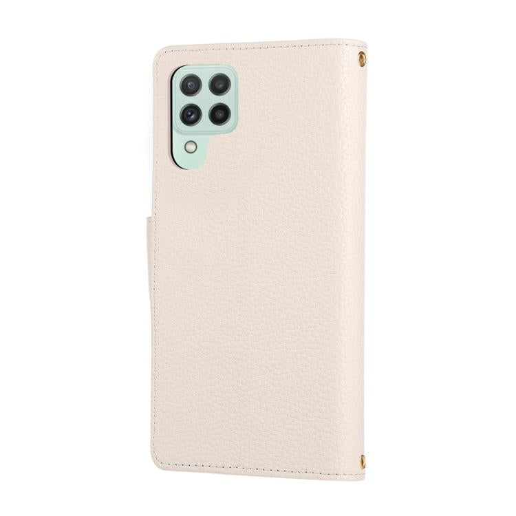 Funda de cuero tipo billetera con hebilla redonda y cremallera para Samsung Galaxy A22 4G con correa cruzada (blanca)