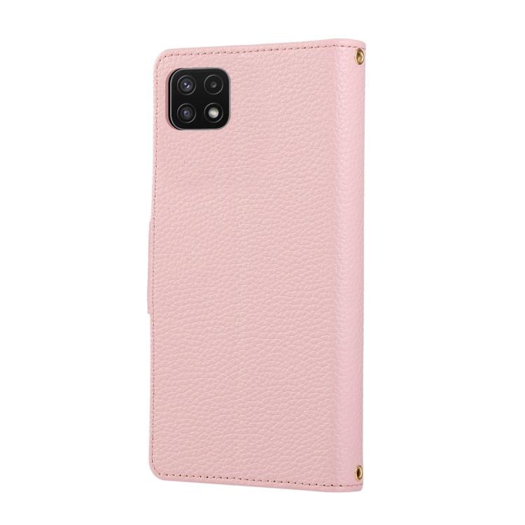 Funda de cuero tipo billetera con hebilla redonda y cremallera para Samsung Galaxy A22 5G con correa cruzada (rosa)