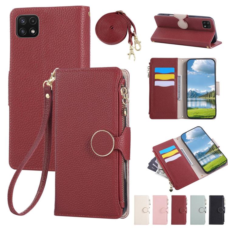 Funda de cuero tipo billetera con hebilla redonda y cremallera para Samsung Galaxy A22 5G con correa cruzada (roja)