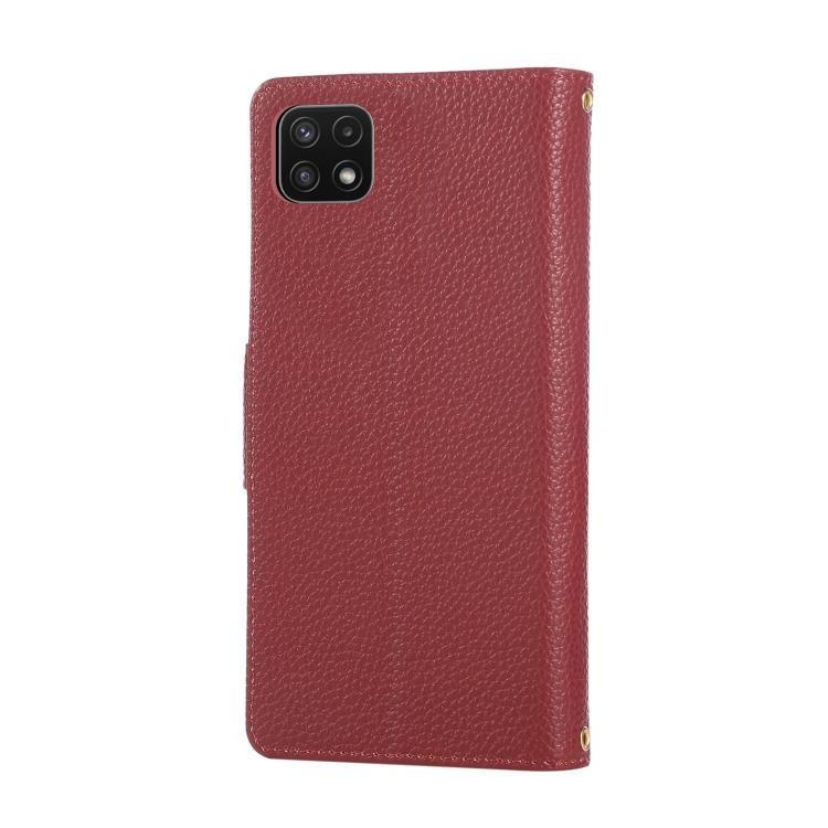 Funda de cuero tipo billetera con hebilla redonda y cremallera para Samsung Galaxy A22 5G con correa cruzada (roja)