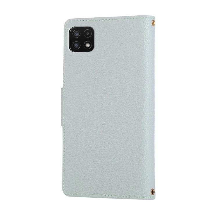 Funda de cuero tipo billetera con hebilla redonda y cremallera para Samsung Galaxy A22 5G con correa cruzada (azul cielo)