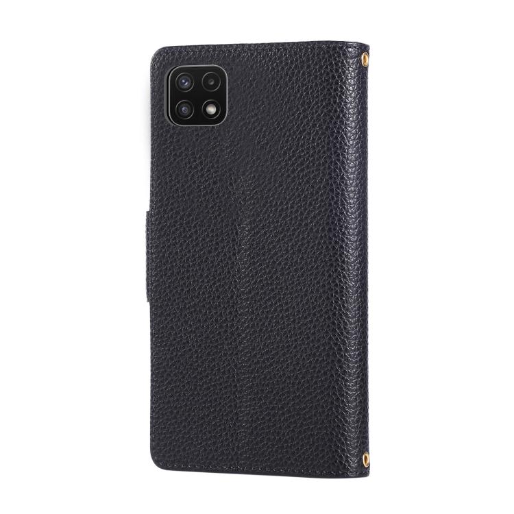 Funda de cuero con hebilla redonda y cremallera para Samsung Galaxy A22 5G, con correa cruzada (negro)