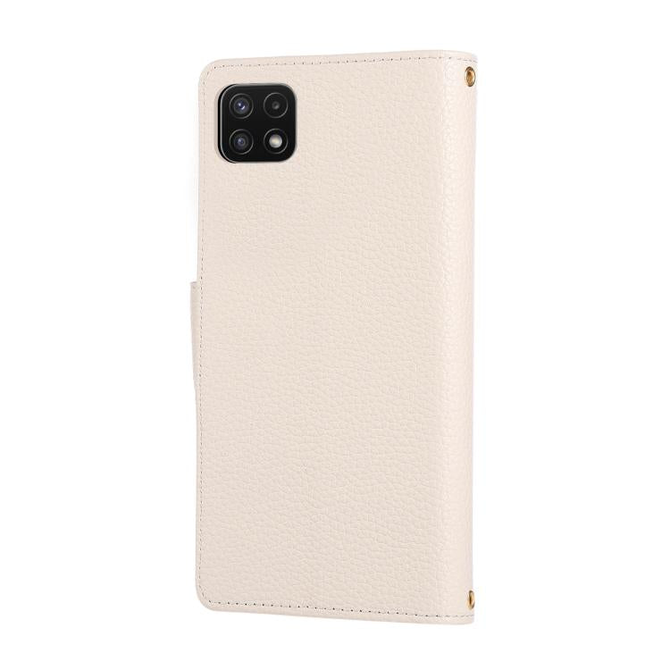 Funda de cuero tipo billetera con hebilla redonda y cremallera para Samsung Galaxy A22 5G con correa cruzada (blanca)