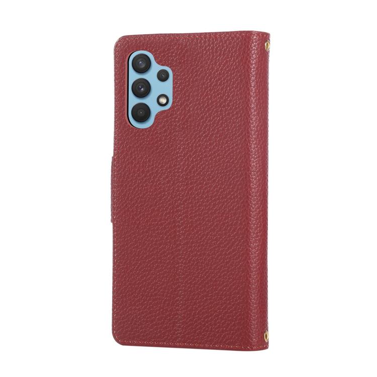 Funda de cuero tipo billetera con hebilla redonda y cremallera para Samsung Galaxy A32 4G con correa cruzada (roja)
