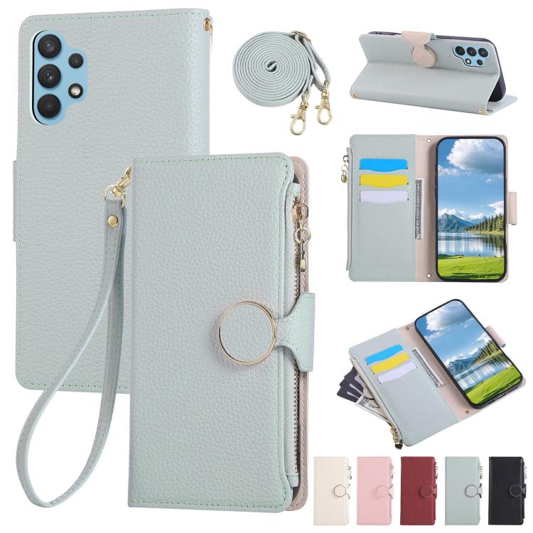 Funda de cuero tipo billetera con hebilla redonda y cremallera para Samsung Galaxy A32 4G con correa cruzada (azul cielo)
