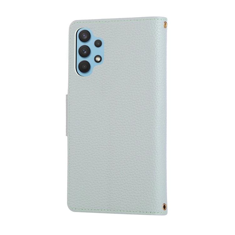 Funda de cuero tipo billetera con hebilla redonda y cremallera para Samsung Galaxy A32 4G con correa cruzada (azul cielo)