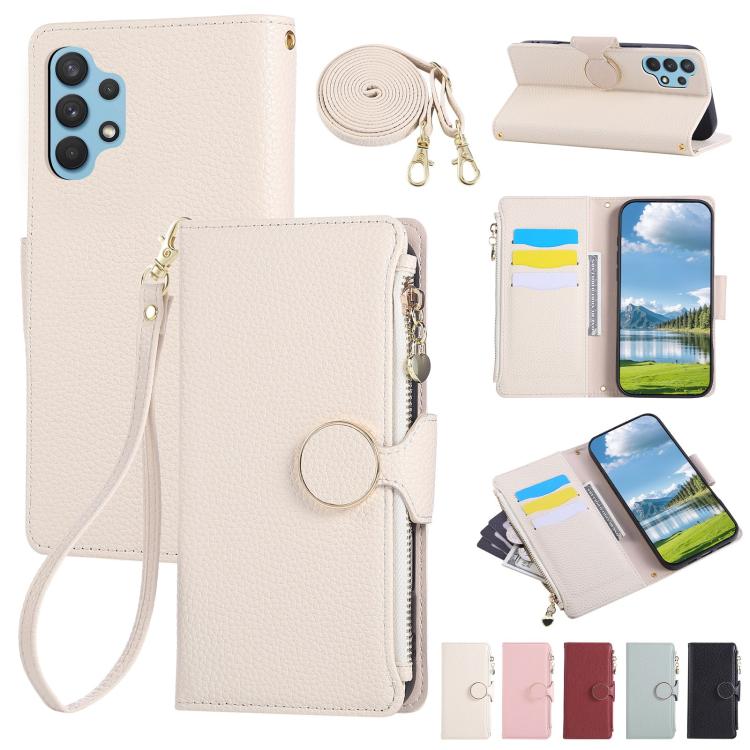 Funda de cuero tipo billetera con hebilla redonda y cremallera para Samsung Galaxy A32 4G con correa cruzada (blanca)