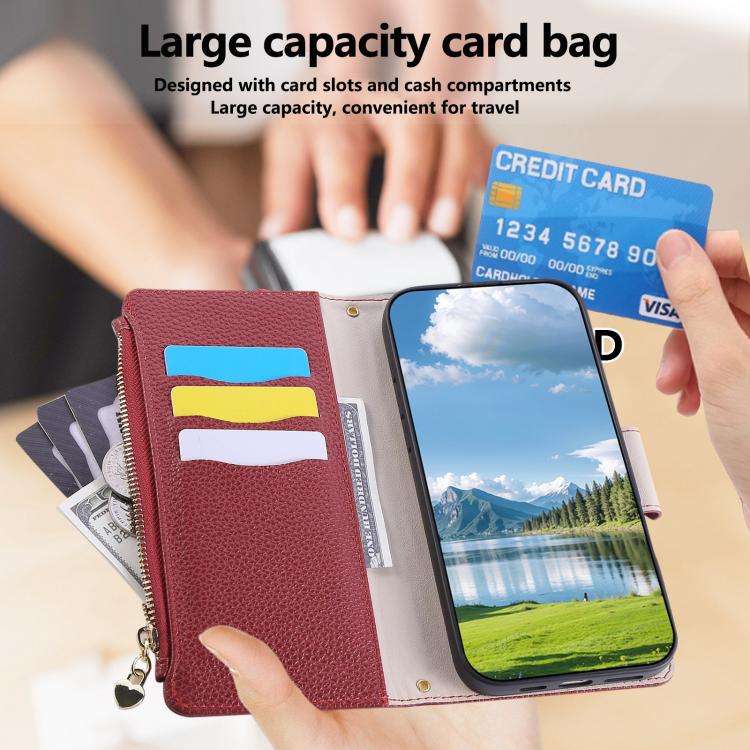 Funda de cuero tipo billetera con hebilla redonda y cremallera para Samsung Galaxy A33 5G con correa cruzada (roja)