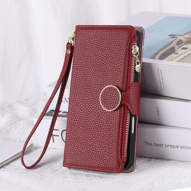 Funda de cuero tipo billetera con hebilla redonda y cremallera para Samsung Galaxy A33 5G con correa cruzada (roja)