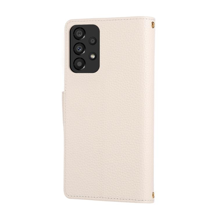 Funda de cuero tipo billetera con hebilla redonda y cremallera para Samsung Galaxy A53 5G con correa cruzada (blanca)