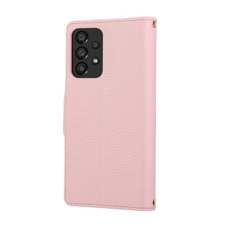 Funda de cuero tipo billetera con hebilla redonda y cremallera para Samsung Galaxy A23 5G con correa cruzada (rosa)