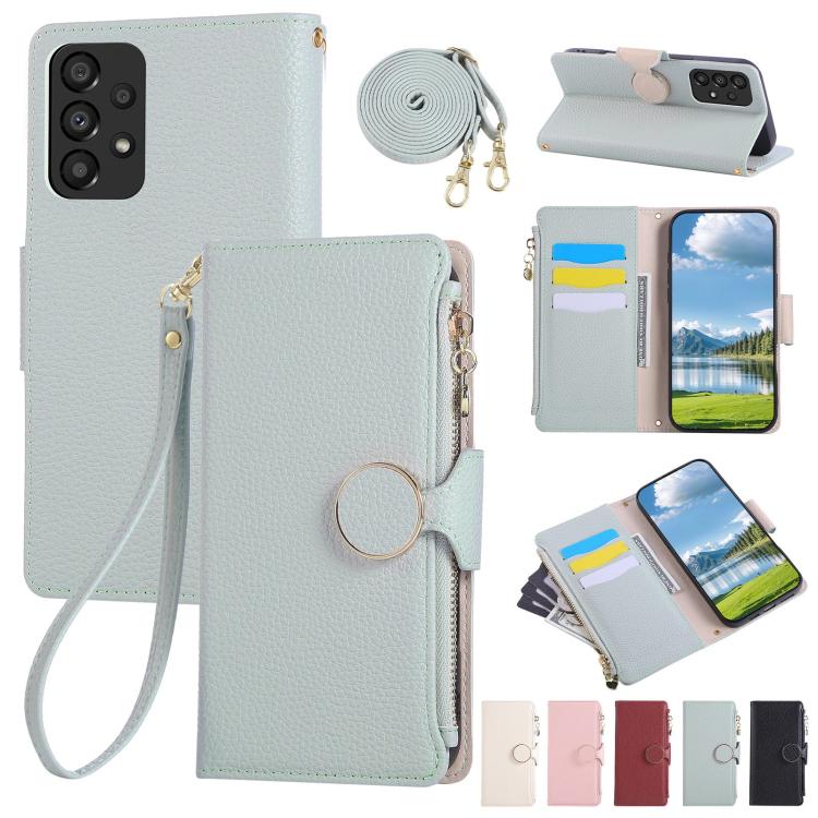 Funda de cuero tipo billetera con hebilla redonda y cremallera para Samsung Galaxy A23 5G con correa cruzada (azul cielo)