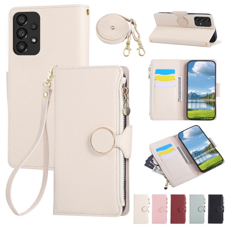 Funda de cuero tipo billetera con hebilla redonda y cremallera para Samsung Galaxy A23 5G con correa cruzada (blanca)