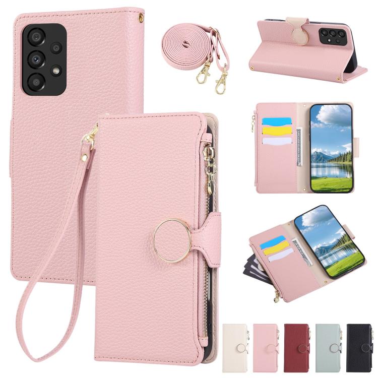 Funda de cuero tipo billetera con hebilla redonda y cremallera para Samsung Galaxy A13 4G/5G con correa cruzada (rosa)