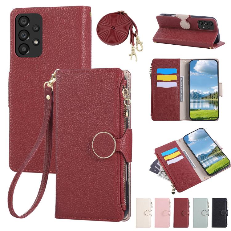 Funda de cuero tipo billetera con hebilla redonda y cremallera para Samsung Galaxy A13 4G/5G con correa cruzada (roja)