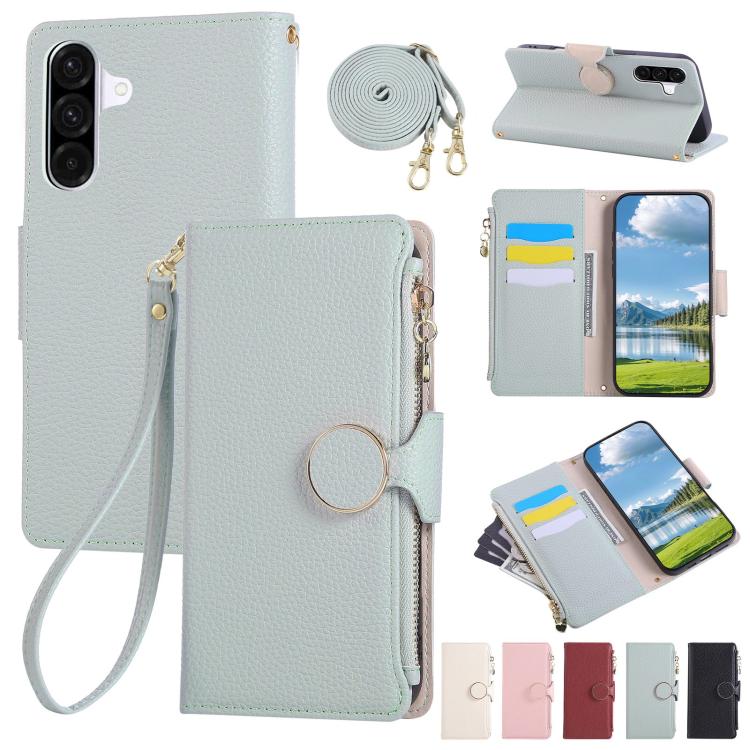 Funda de cuero tipo billetera con hebilla redonda y cremallera para Samsung Galaxy A36 5G con correa cruzada (azul cielo)