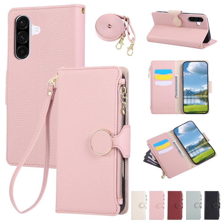 Funda de cuero tipo billetera con hebilla redonda y cremallera para Samsung Galaxy A56 5G con correa cruzada (rosa)