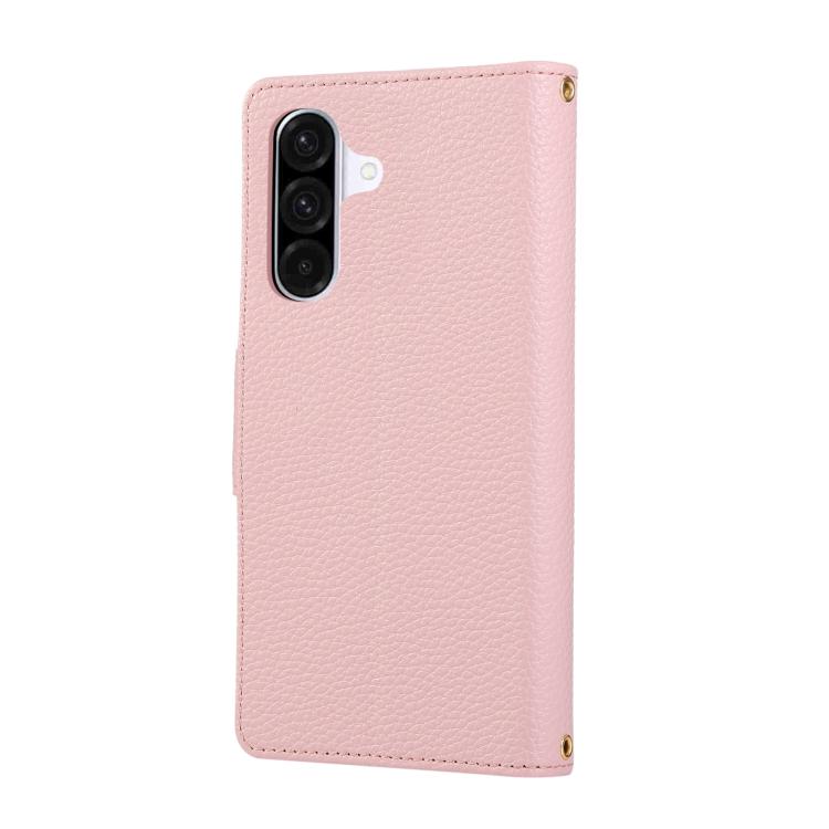 Funda de cuero tipo billetera con hebilla redonda y cremallera para Samsung Galaxy A56 5G con correa cruzada (rosa)