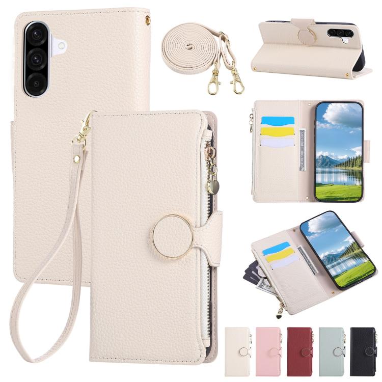 Funda de cuero tipo billetera con hebilla redonda y cremallera para Samsung Galaxy A56 5G, con correa cruzada (blanca)