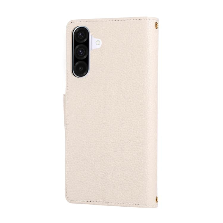 Funda de cuero tipo billetera con hebilla redonda y cremallera para Samsung Galaxy A56 5G, con correa cruzada (blanca)