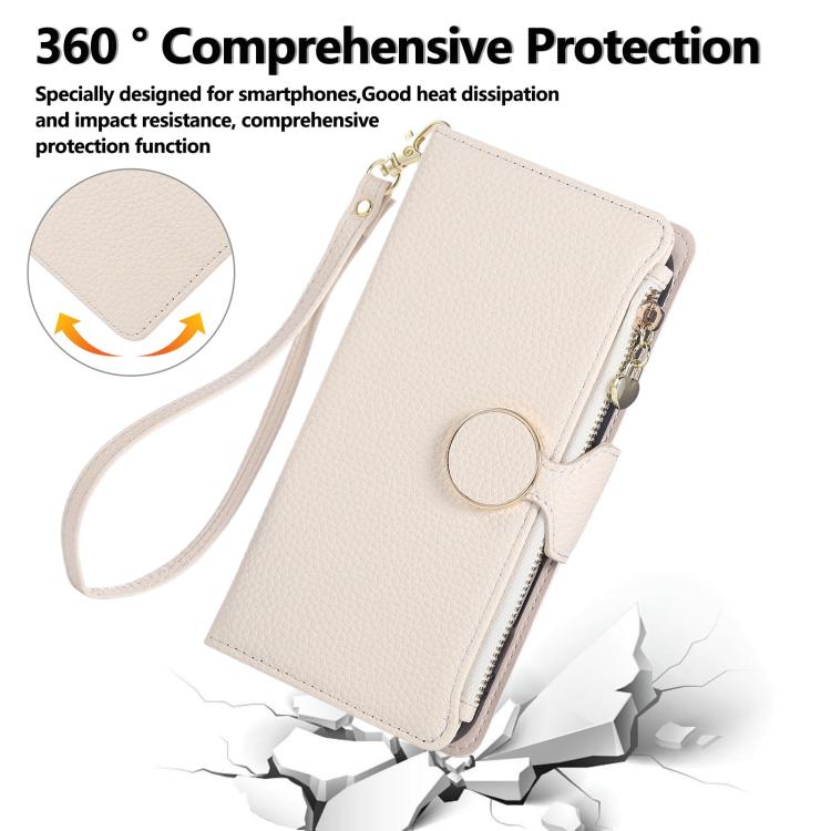 Funda de cuero tipo billetera con hebilla redonda y cremallera para Samsung Galaxy A56 5G, con correa cruzada (blanca)