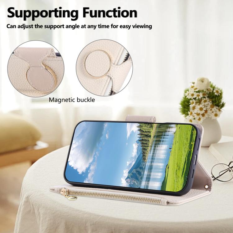 Funda de cuero tipo billetera con hebilla redonda y cremallera para Samsung Galaxy A56 5G, con correa cruzada (blanca)