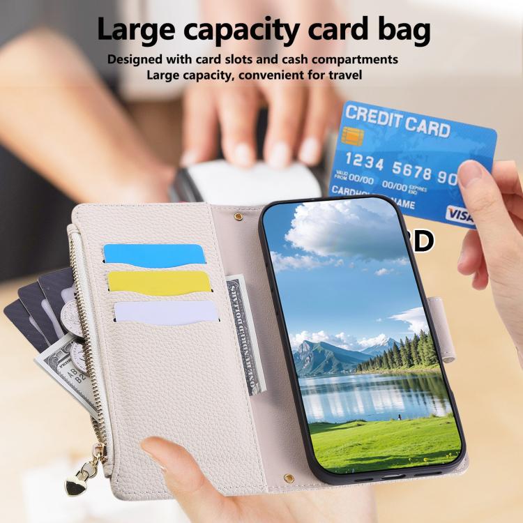 Funda de cuero tipo billetera con hebilla redonda y cremallera para Samsung Galaxy A56 5G, con correa cruzada (blanca)