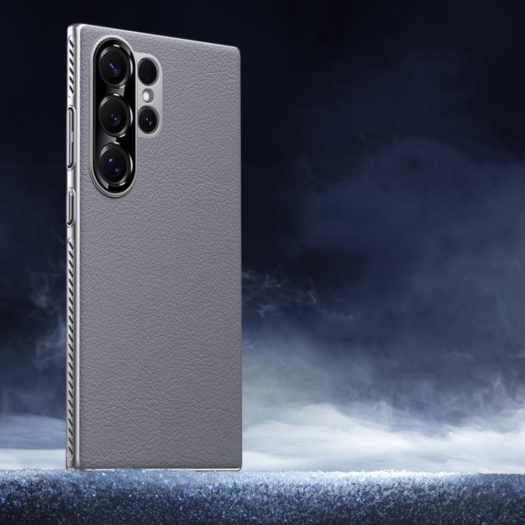 Funda híbrida de PC de cuero liso con protección suave y refrescante para Samsung Galaxy S24 Ultra 5G (gris)