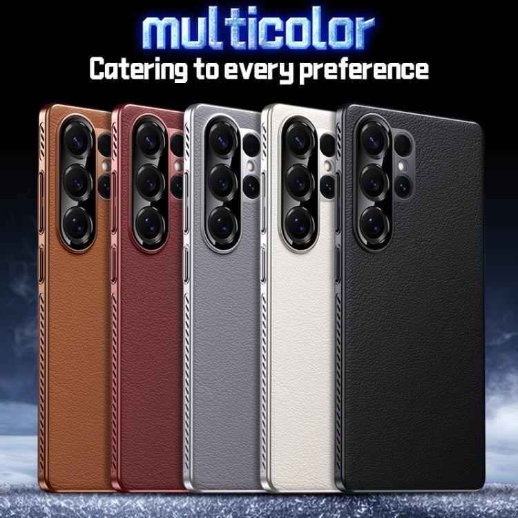 Funda híbrida de PC de cuero liso con protección suave y refrescante para Samsung Galaxy S24 Ultra 5G (gris)