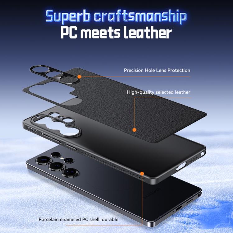Funda híbrida de PC de cuero liso con protección suave y refrescante para Samsung Galaxy S25 Ultra 5G (blanca)