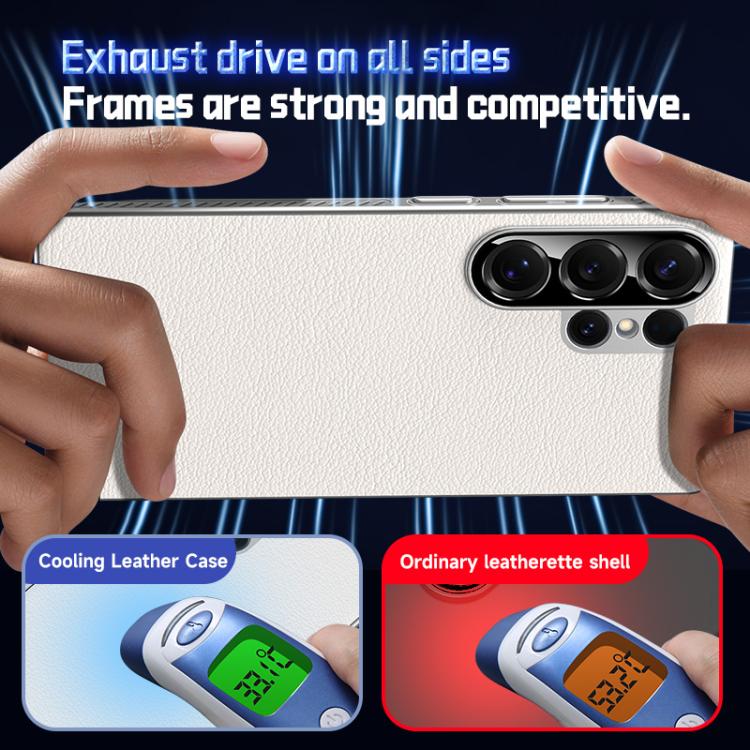Funda híbrida de PC de cuero liso con protección suave y refrescante para Samsung Galaxy S25 Ultra 5G (blanca)