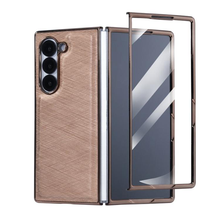Funda de franela con textura de fibra de bambú y película templada para Samsung Galaxy Z Fold5 (oro titanio)