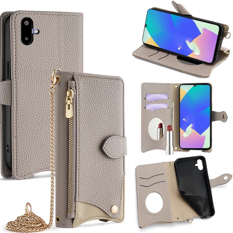 Funda de cuero con cadena cruzada y diseño de cola de pez para Samsung Galaxy F06 5G (gris)