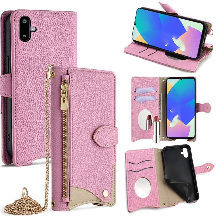 Funda de cuero con cadena cruzada y diseño de cola de pez para Samsung Galaxy F06 5G (rosa)