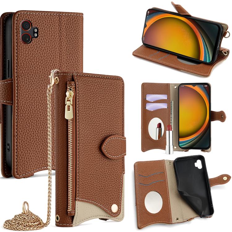 Funda de cuero de lichi con diseño de cola de pez y cadena cruzada para Samsung Galaxy XCover7 Pro (marrón)
