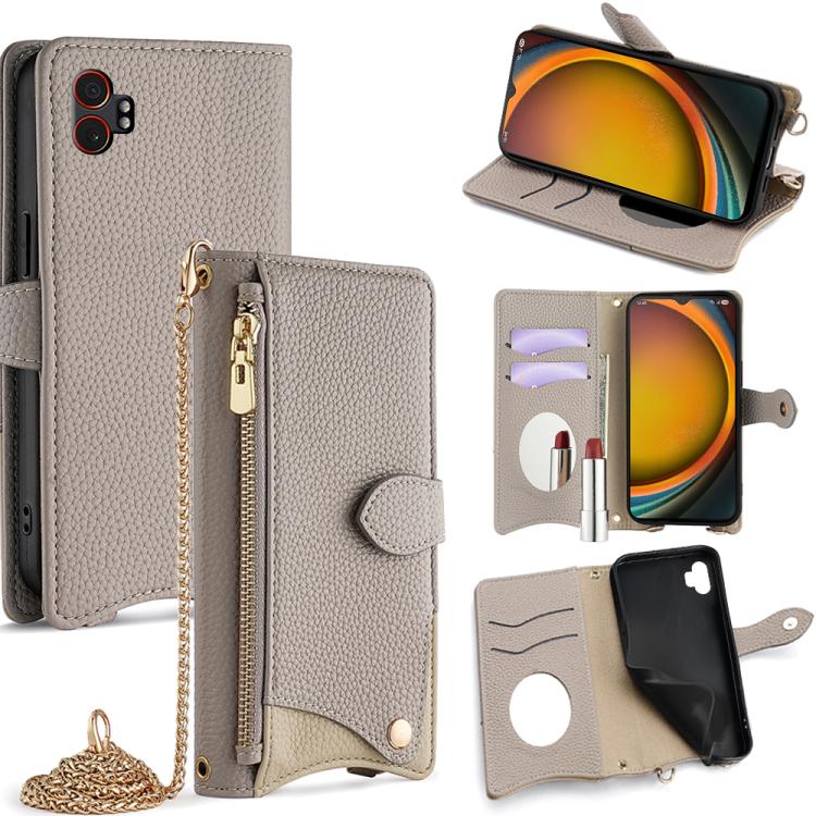 Funda de cuero lichi con diseño de cola de pez y cadena cruzada para Samsung Galaxy XCover7 Pro (gris)