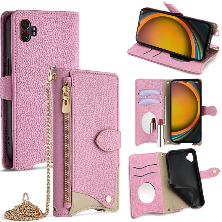 Funda de cuero de lichi con diseño de cola de pez y cadena cruzada para Samsung Galaxy XCover7 Pro (rosa)