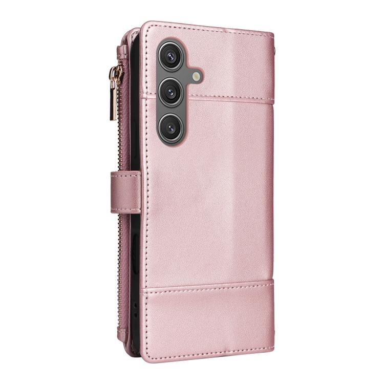 Funda de cuero tipo cartera con cremallera y bloqueo RFID para Samsung Galaxy S24/S25 5G (oro rosa)